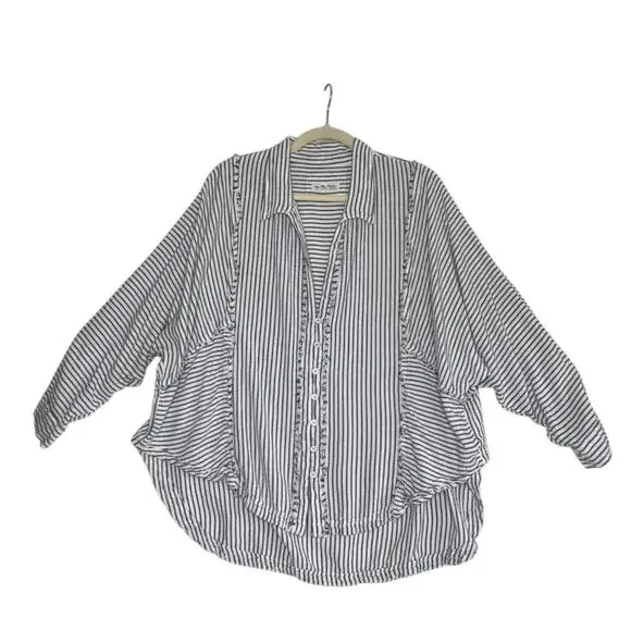 FREE PEOPLE One & Only Linen Blend Blouse Tunic Sz L Black White Boho Festival - Picture 4 of 11